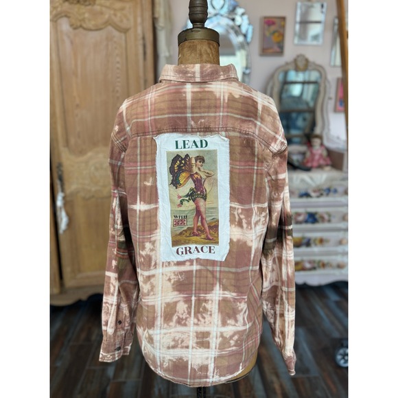Upcycled Flannel Lead With Grace Fairy Patch Bleach Dye Boho Shirt Medium - Picture 6 of 7